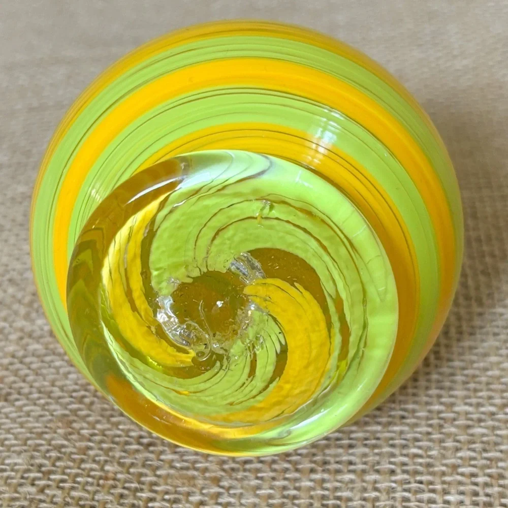 Yellow Green Striped Art Glass Decor Figure Paperweight Pear Shaped Whimsical